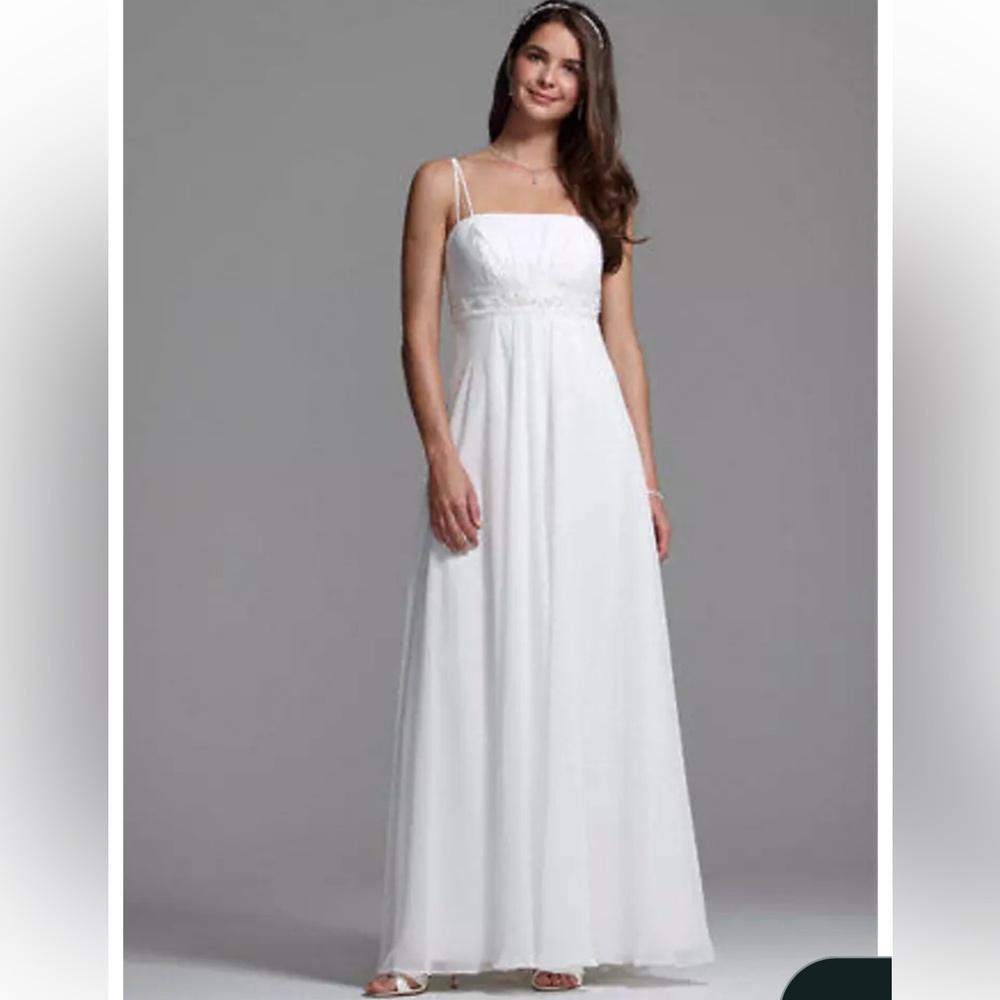 David's Bridal Ivory Empire Waist Spaghetti Strap Chiffon Bridal/Prom Gown 8 - Picture 3 of 16
